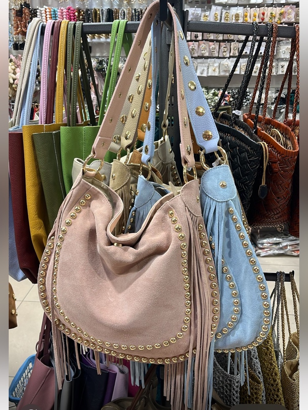 MADE IN ITALY LEATHER Stylish Studded Fringe Hobo Bag -